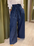 Navy Blue Pinstripe Wide-Leg Trousers - Navy Blue