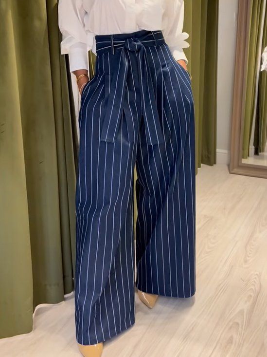 Navy Blue Pinstripe Wide-Leg Trousers - Navy Blue