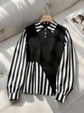 Plus Size Striped Patchwork Blouse - Black and White