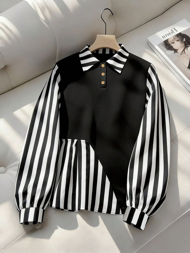 Plus Size Striped Patchwork Blouse - Black and White