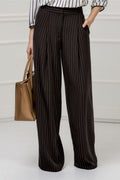 Pinstriped Wide-Leg Trousers - Dark Brown with White Pinstripes