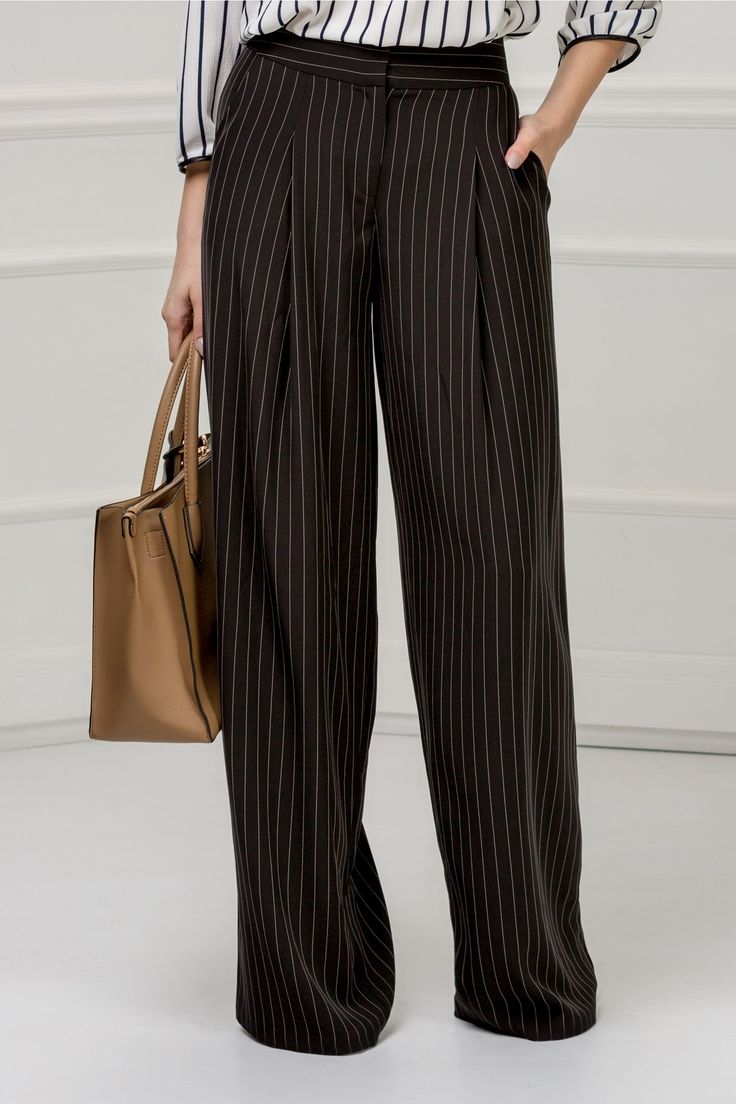 Pinstriped Wide-Leg Trousers - Dark Brown with White Pinstripes