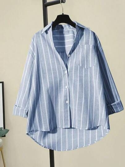 Striped Button-Front Blouse - Light Blue