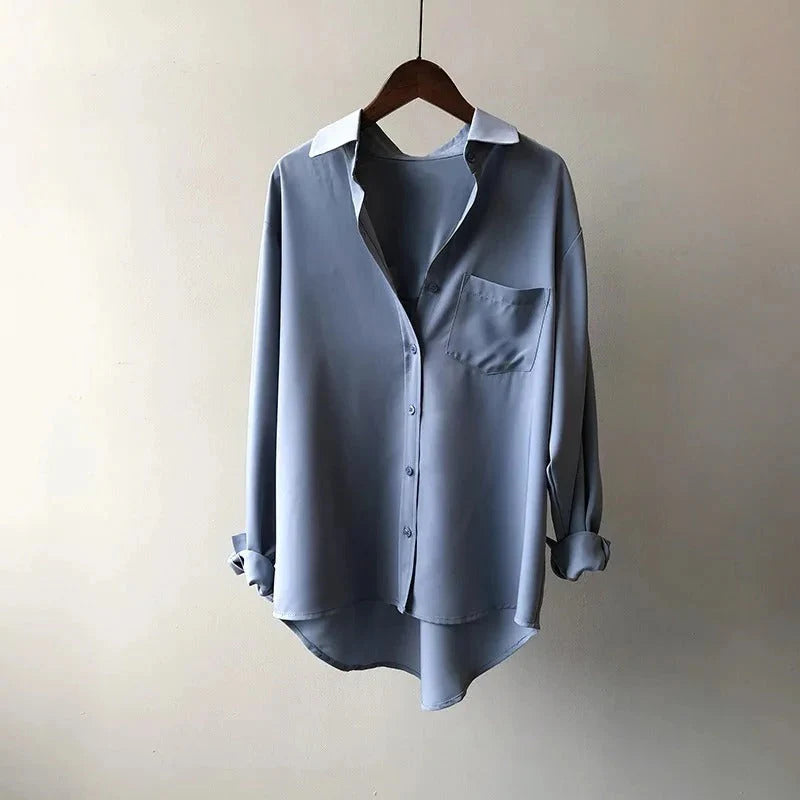 Elegant Long-Sleeve Collared Blouse - Dusty Blue
