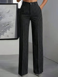 Elegant Black Pinstripe Wide-Leg Trousers - Black