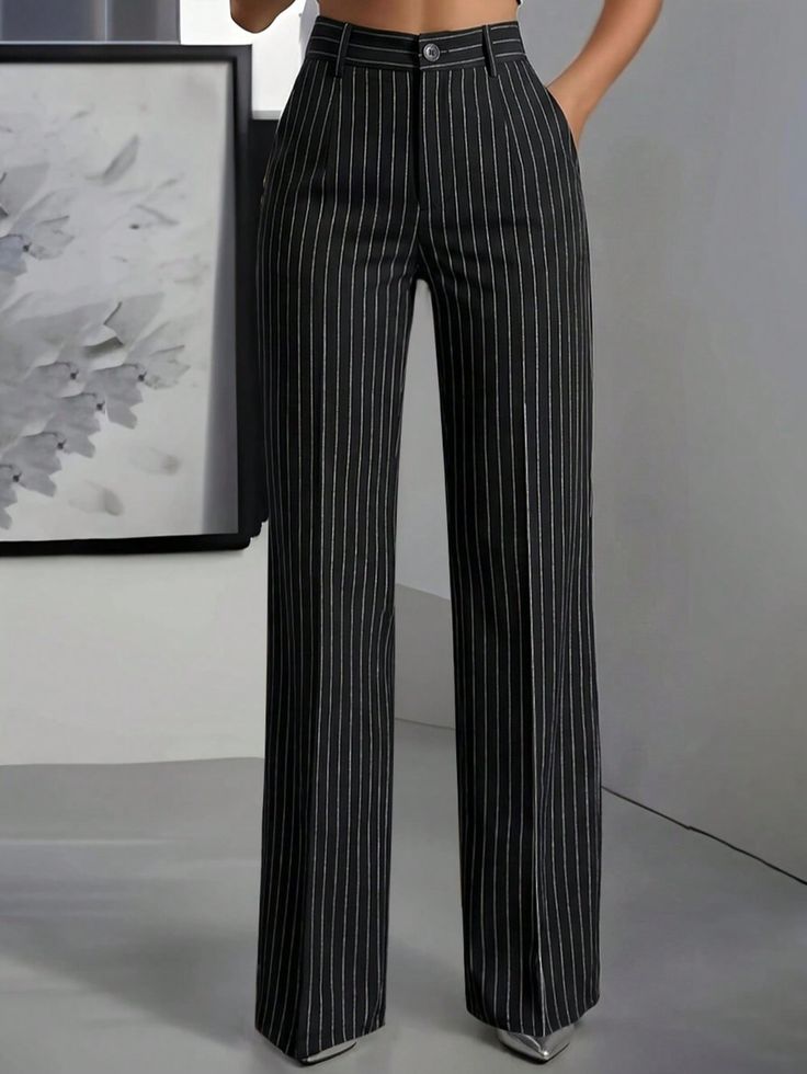 Elegant Black Pinstripe Wide-Leg Trousers - Black