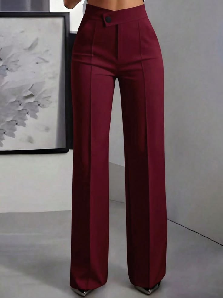 Women's High-Waist Straight Leg Trousers - Burgundy