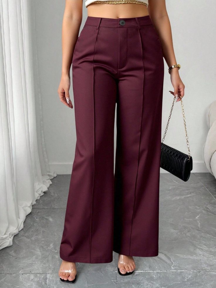 Plus Size Wide-Leg Business Casual Pants - Burgundy