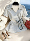 Striped Wrap Blouse with Ribbon Tie - White with Black Stripes