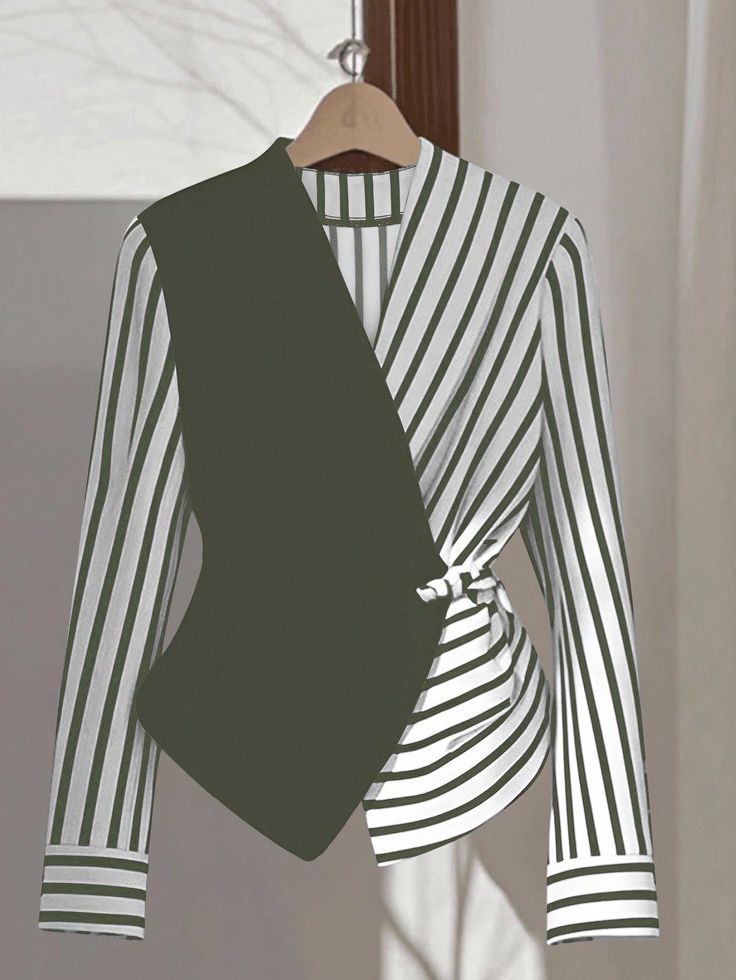 Striped Patchwork Wrap Blouse - White and Olive Green