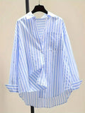 Women's Striped Long Sleeve Blouse - White and Light Blue Stripes
