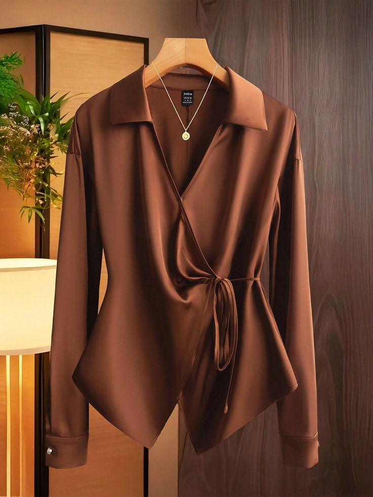 Elegant Brown Wrap Blouse - Brown
