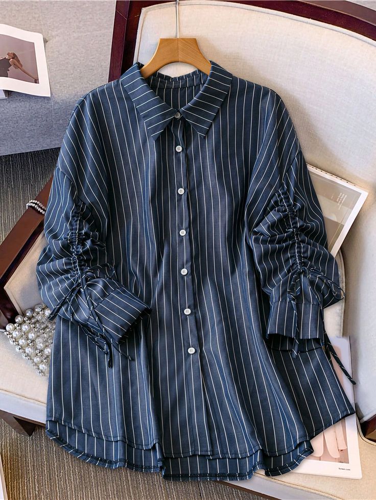 Women's Striped Button-Front Blouse - Navy Blue