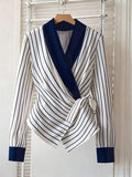 Striped Wrap Blouse with Tie-Waist - White, Navy Blue