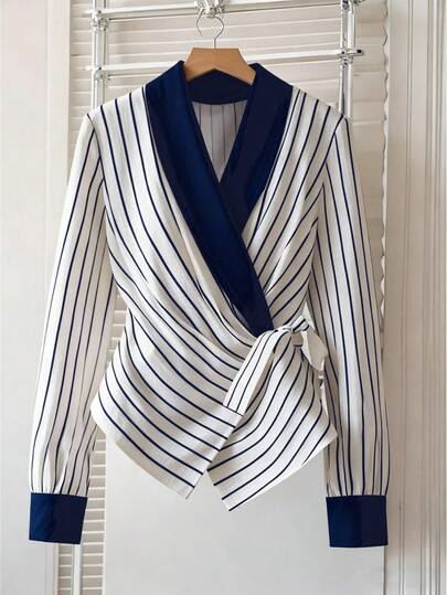 Striped Wrap Blouse with Tie-Waist - White, Navy Blue
