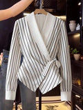Women's Striped Shawl Collar Tie-Waist Blouse - White with Black Stripes