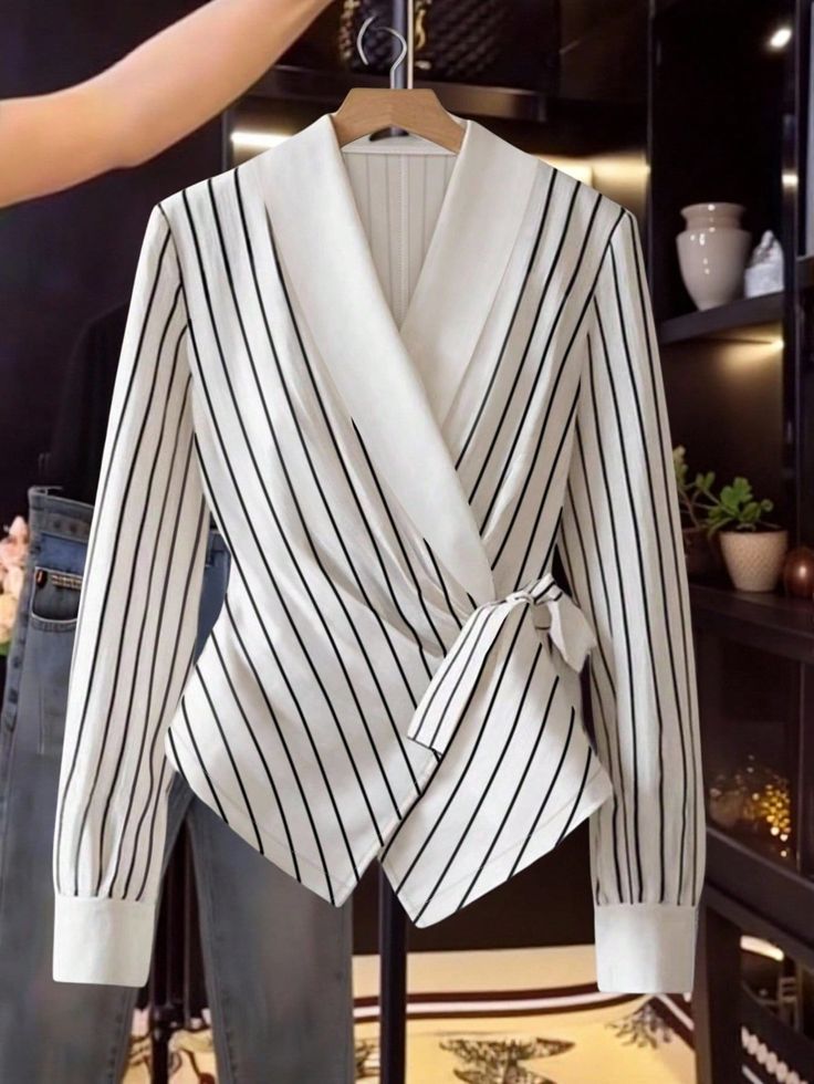 Women's Striped Shawl Collar Tie-Waist Blouse - White with Black Stripes