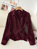 Collared Tie-Front Striped Blouse - Burgundy
