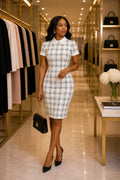 Collared Plaid Sheath Dress - Black & White Plaid