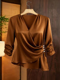 Elegant Satin Asymmetric Fitted Blouse - Brown