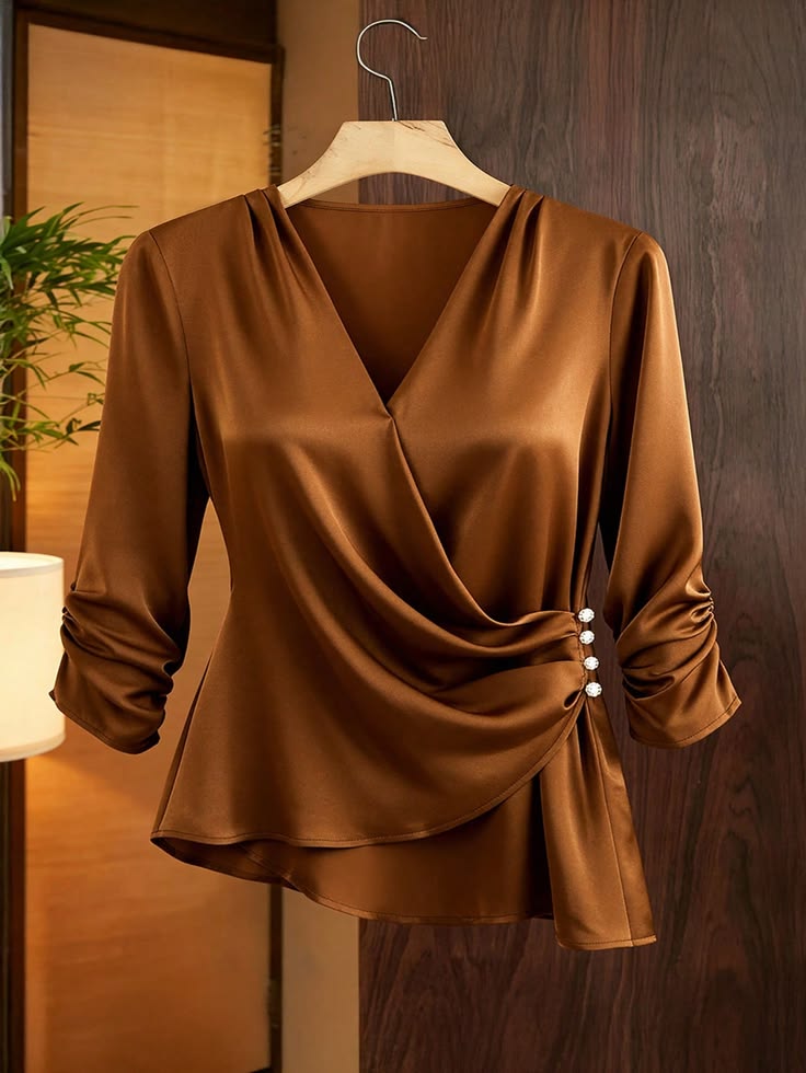 Elegant Satin Asymmetric Fitted Blouse - Brown