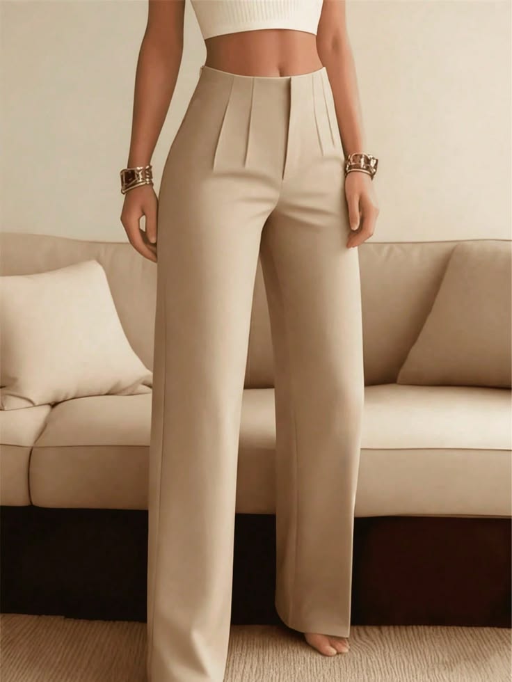 Women's Solid Color Wide Leg Straight Casual Trousers - Beige