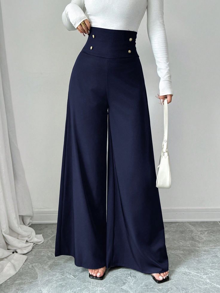High-Waisted Wide-Leg Palazzo Pants - Navy Blue