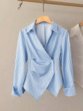 Striped Asymmetrical Peplum Blouse - Light Blue