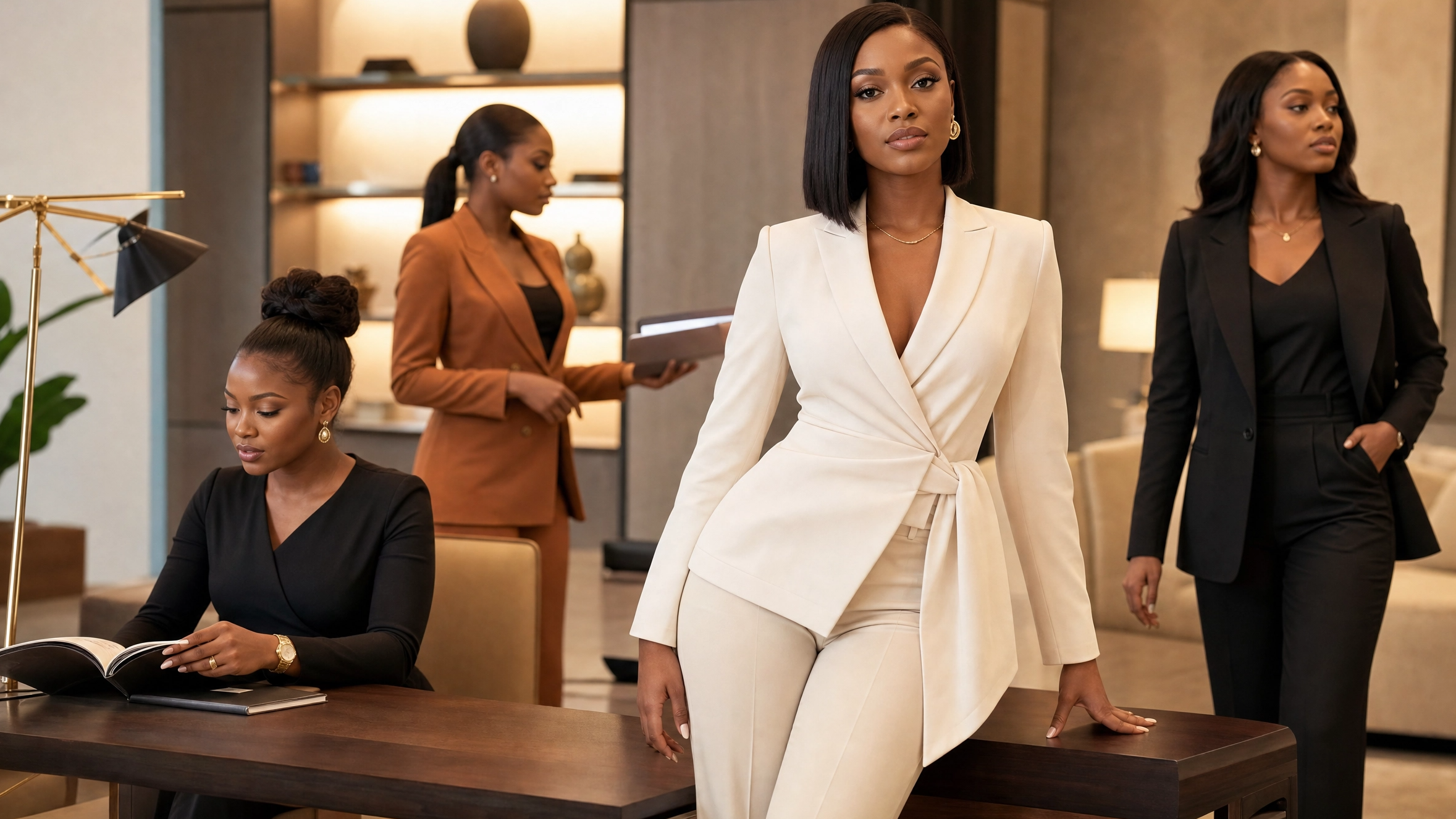 Woman in a white suit standing in a modern office setting with colleagues.