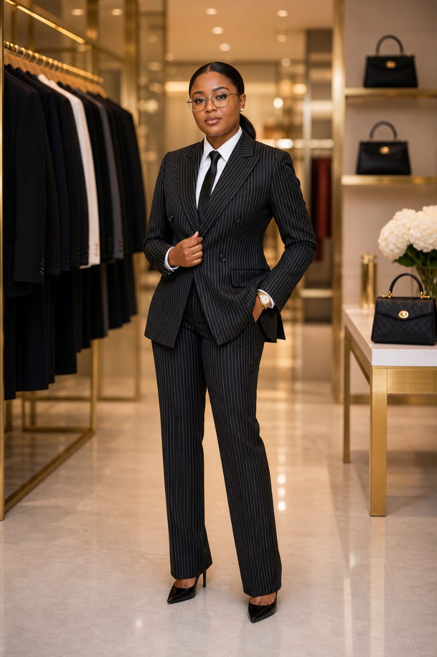 Pinstripe Double-Breasted Pantsuit - Black Pinstripe