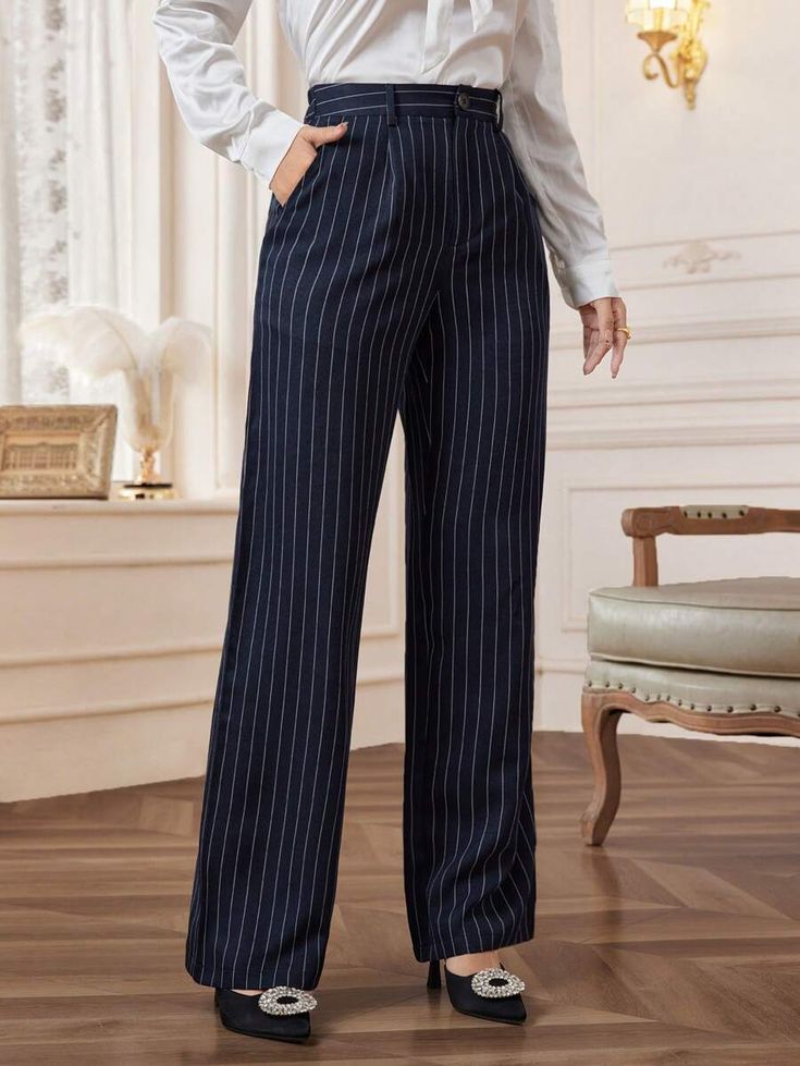 Elegant Striped Straight-Leg Office Pants - Navy Blue