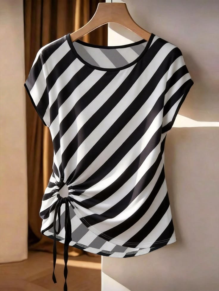 Striped Drawstring Casual Top - Black and White