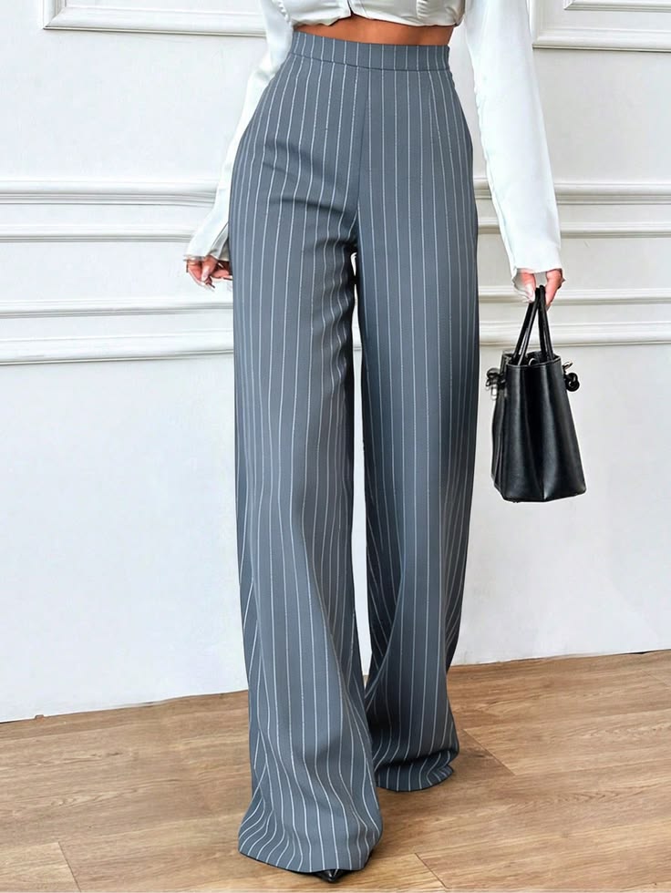Navy Blue Striped Wide-Leg Trousers - Navy Blue