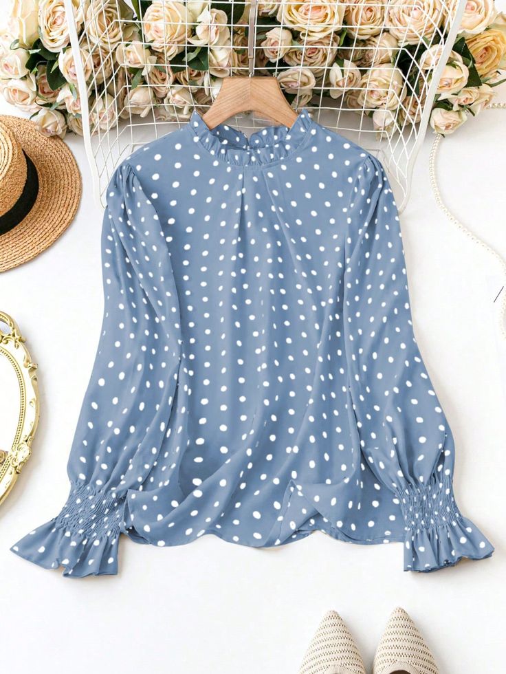 Plus Size Polka Dot Stand Collar Blouse - Dusty Blue
