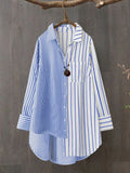 Asymmetrical Striped Button-Up Blouse - Blue and White