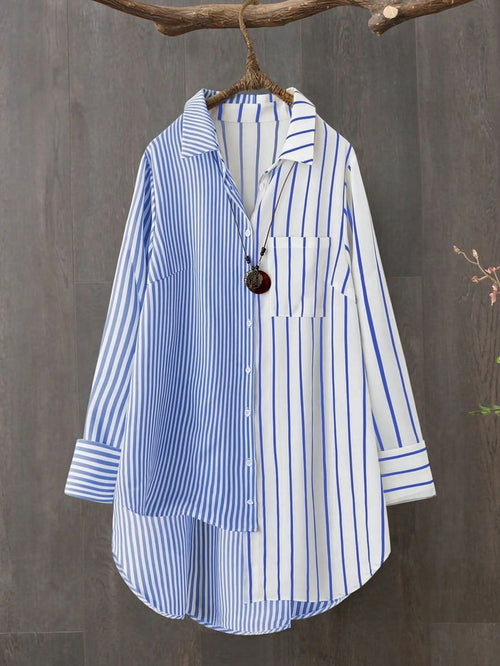 Asymmetrical Striped Button-Up Blouse - Blue and White