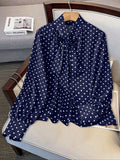 Polka Dot Bow-Neck Blouse - Navy Blue