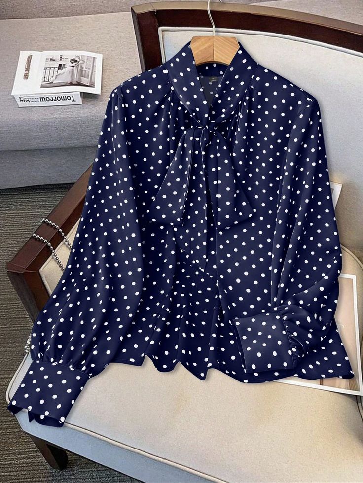 Polka Dot Bow-Neck Blouse - Navy Blue