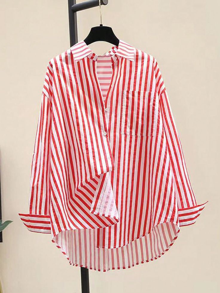Red and White Striped Casual Blouse - Red and White