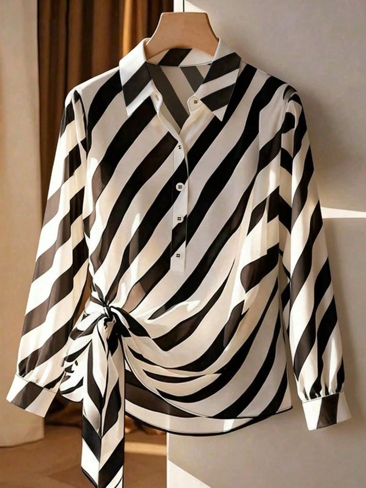 Striped Wrap Blouse - Black and White