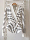 Wrap-Around Striped Blouse - White with Black Stripes