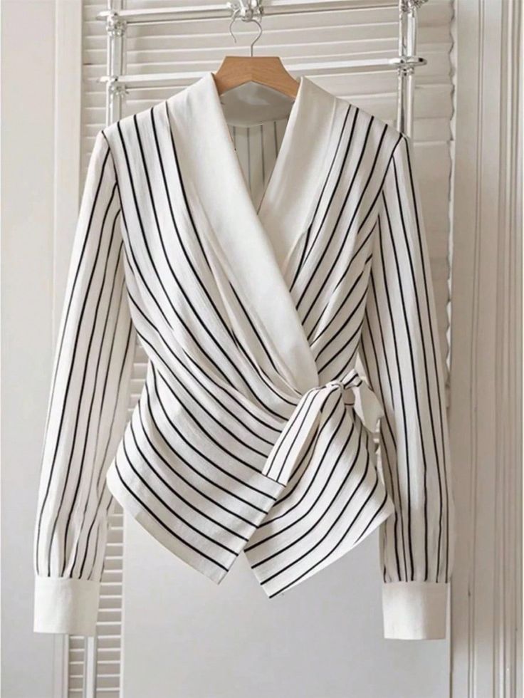 Wrap-Around Striped Blouse - White with Black Stripes