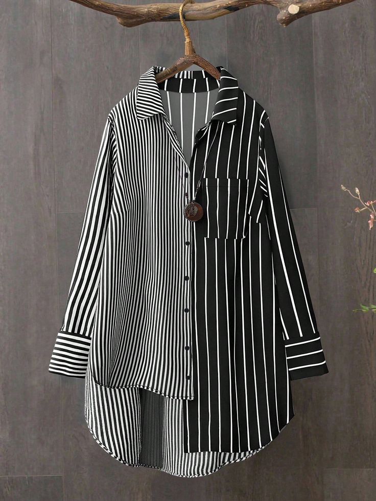 Plus Size Striped Asymmetrical Blouse - Black and White