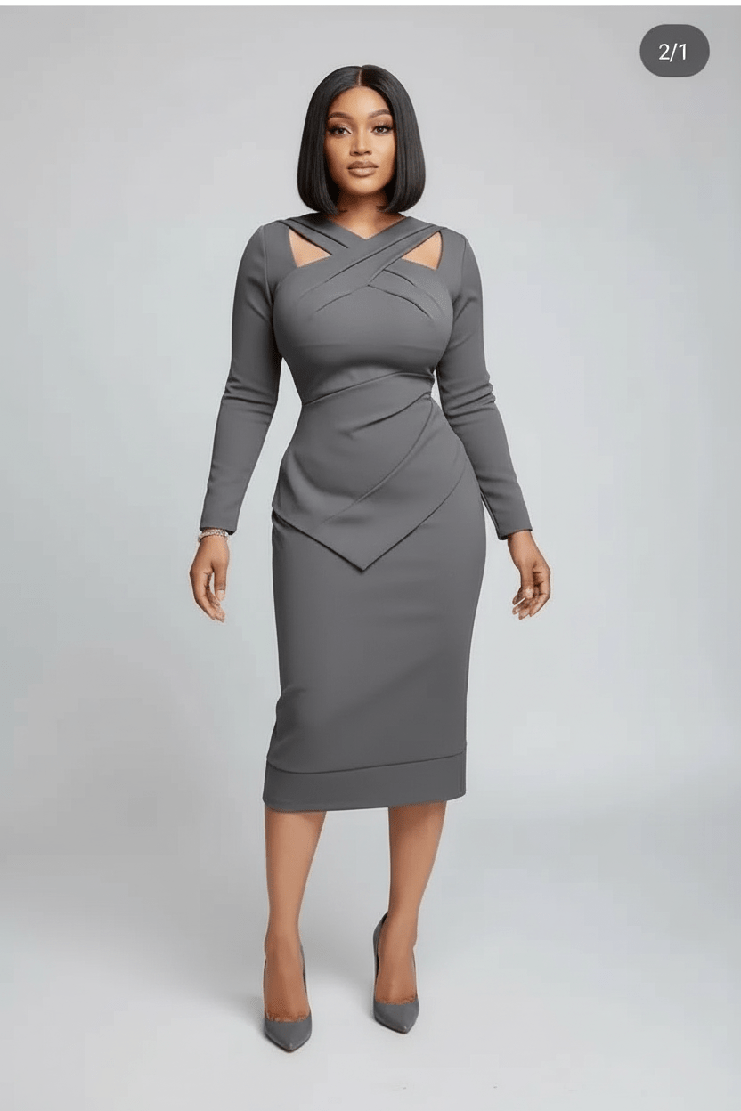 Long Designer Office Dress - Black