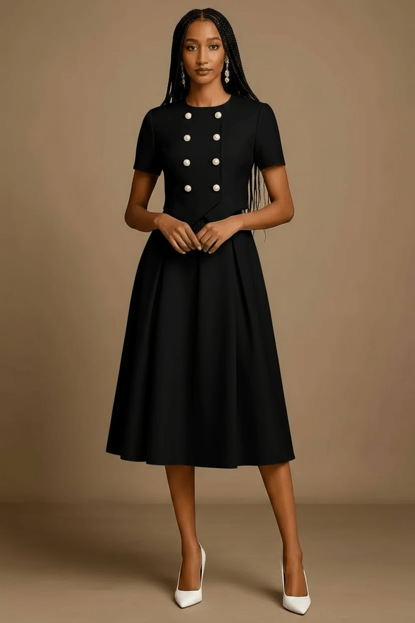 Formal Button Design Office Dress - Black
