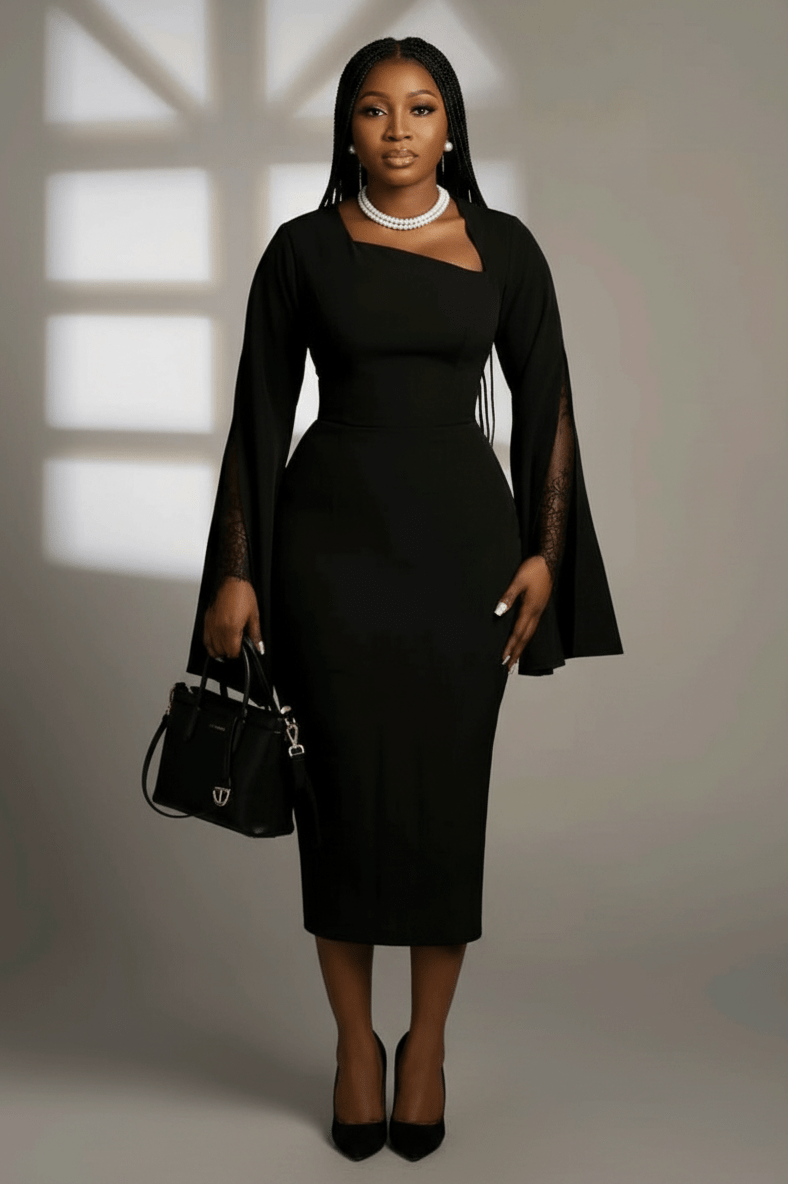 Lace Detailing Office Dress - Black