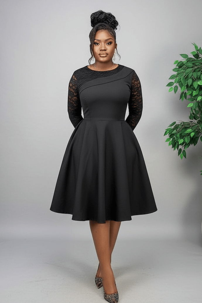 Lace sleeve Office Dress - Black