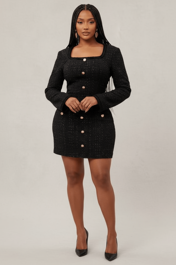 Tweed Midi Office Dress - Black