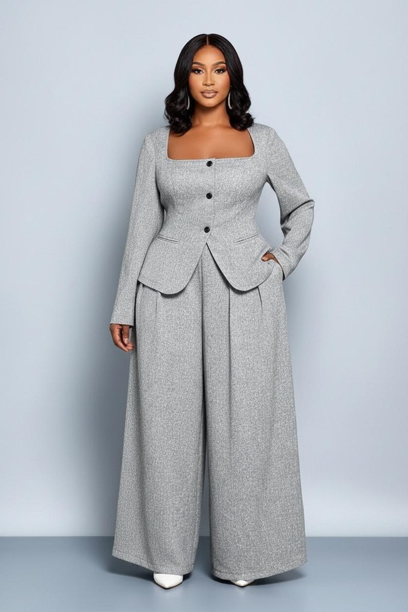 Grey Tailored Top and Pant Set - Grey