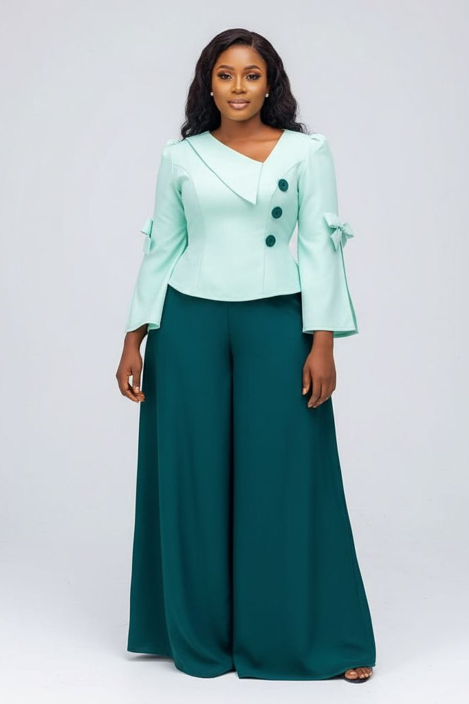 Green Tailored Top and Pant Set - Green